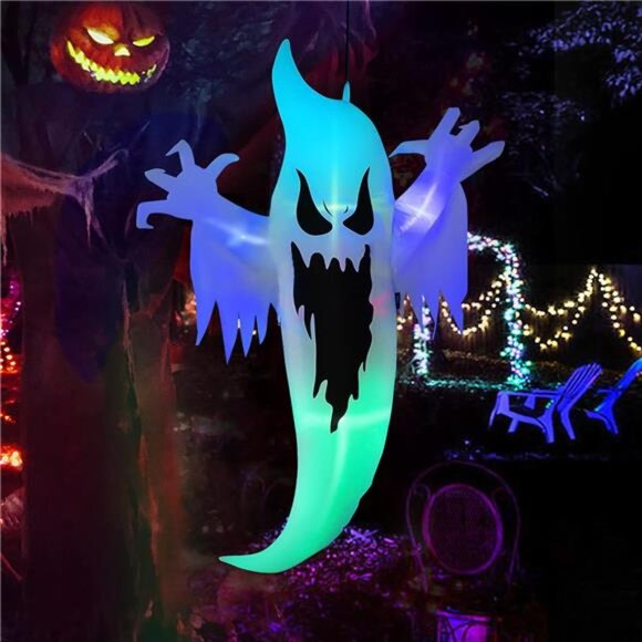 5FT Color Changing Halloween Inflatable Yard Decor - Hanging Ghost - Picture 1 of 7